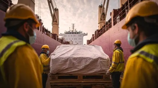 Workers unloading cargo ship  teamwork  safety  dock  industrial  shipping  logistics