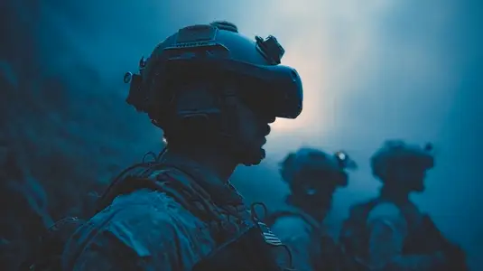 Soldier wearing virtual reality headset in surreal war scene with blue misty atmosphere