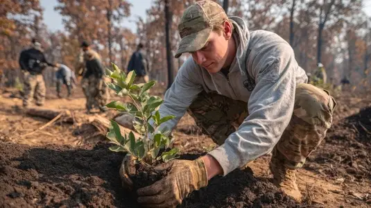 Soldier camouflage gloves planting sapling teamwork forest recovery autumn outdoor