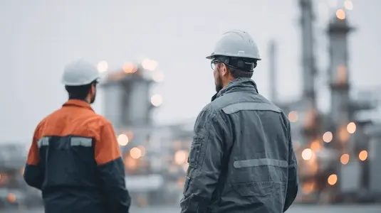 Industrial engineer safety helmet standing outdoor factory teamwork Two industrial engineer men