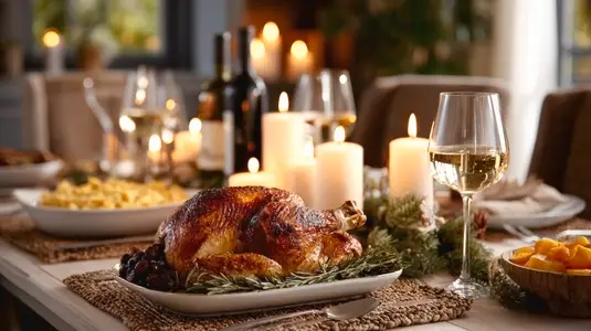 Thanksgiving dinner table with roasted turkey  candlelight  wine  cozy festive atmosphere