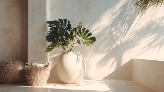 Large green monstera plant in white ceramic pot with woven baskets  summer sunlight  long shadows