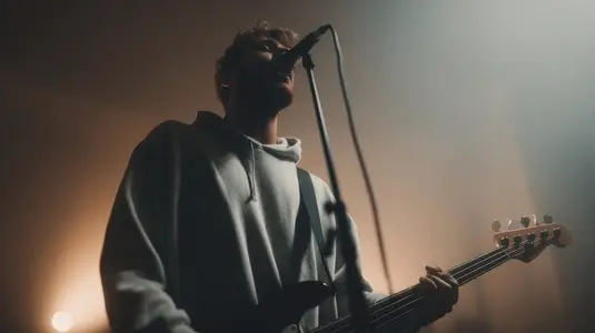 Musician guitar microphone stage hoodie moody indie performance concert live