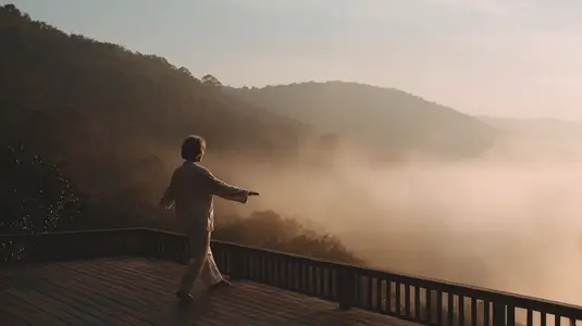 Senior woman practicing Tai Chi on wooden deck  misty mountain morning  peaceful  serene mood