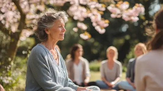 Senior woman meditating outdoors under cherry blossom tree peaceful group session spring day Senior woman meditating outdoors under cherry blossom tree peaceful group session spring day