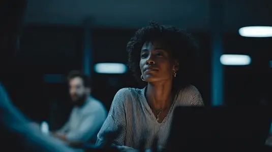Woman office night thoughtful computer professional business technology focused modern workspace