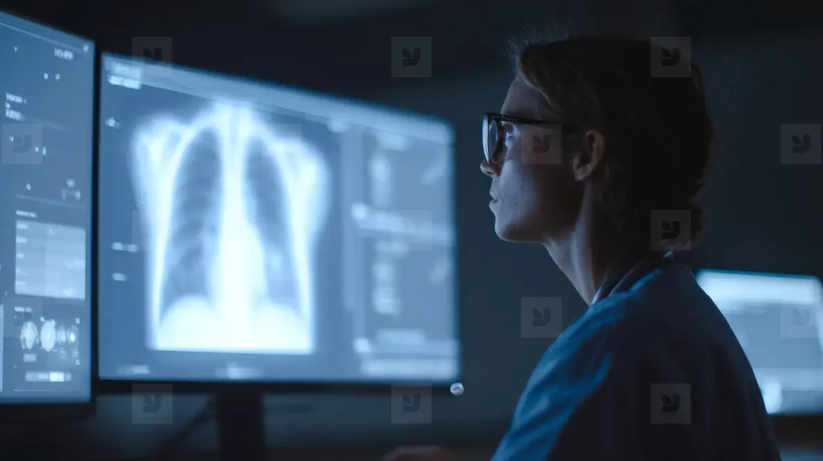 Doctor Analyzing Chest X Ray On Computer Screen In Dark Room, Focused ...