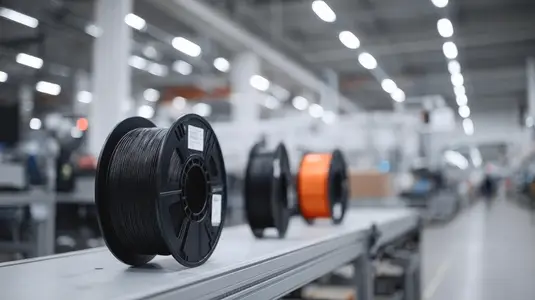 Filament spool plastic black orange factory production industrial blurred background