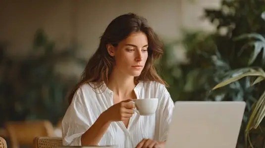 Young woman laptop coffee cafe working relaxed natural light greenery focused