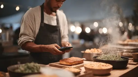 Man apron street food mobile payment outdoor evening warm light casual