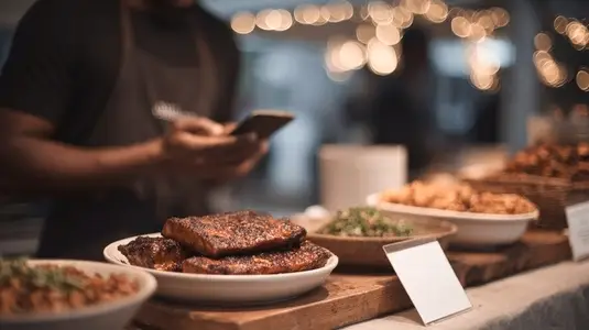 Grilled meat  street food  mobile payment  night market  festive atmosphere  delicious meal