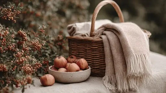 Wicker basket  cozy blanket  autumn apple  outdoor picnic  rustic style  warm atmosphere