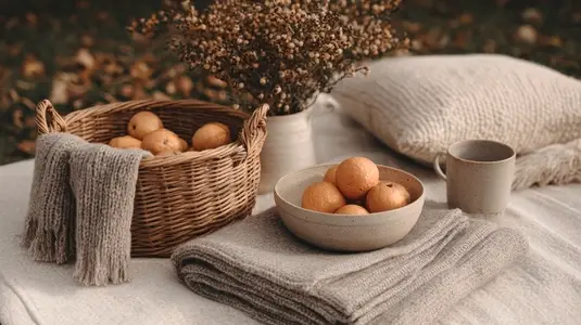 Cozy autumn picnic with oranges  basket  blanket  pillow  and warm neutral tones outdoors