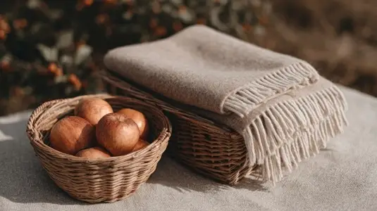 Wicker basket apple blanket autumn picnic cozy outdoor nature