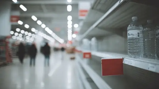 Empty supermarket shelf with water bottle  food shortage  crisis  blurred people  fluorescent
