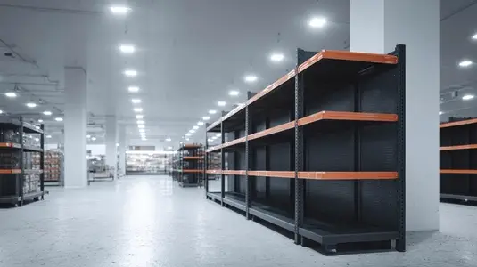 Empty supermarket shelf  food shortage  crisis  retail  scarcity  fluorescent lighting  aisle
