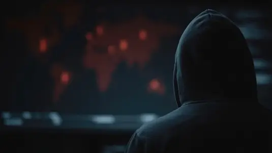 Hacker silhouette  cyberwarfare  dark room  world map  digital threat  anonymous  tense mood