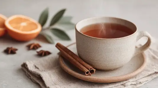 Steaming cup of herbal tea with cinnamon stick on saucer  orange slice  cozy warm atmosphere