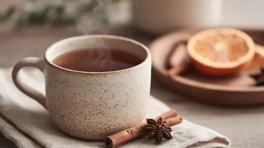 Steaming cup of herbal tea with cinnamon stick  star anise  dried orange  cozy morning