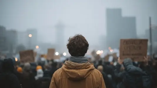 Person wearing brown jacket stands in front of climate protest crowd holding signs in city fog Person wearing brown jacket stands in front of climate protest crowd holding signs in city fog