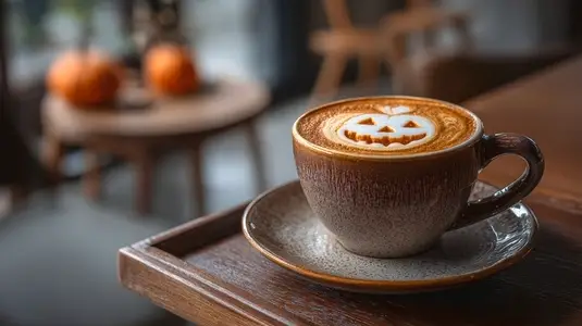 Halloween latte art with pumpkin face  cozy autumn coffee shop  warm brown ceramic cup