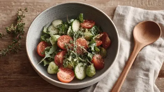 Fresh vegan salad with vibrant vegetables  cherry tomato  cucumber  arugula  rustic style