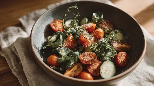 Fresh vegan salad with vibrant vegetables  cherry tomato  cucumber  spinach  rustic style