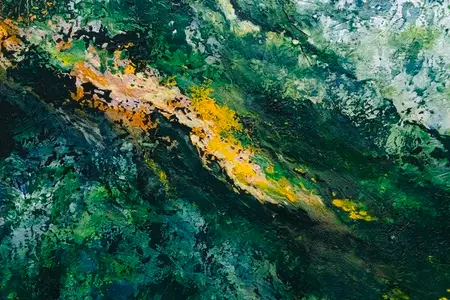 Abstract textured painting with green and yellow tones