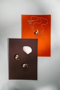 Stylish jewelry composition with golden necklace  earrings and seashell on orange and brown paper background in minimal design