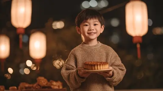 Child holding mooncake with warm smile  lanterns glowing in background  festive night scene