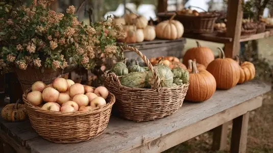 Basket apple pumpkin rustic harvest autumn outdoor wooden Basket of apples and pumpkins rustic