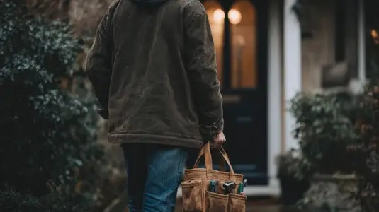 Back view handyman carrying tool bag outdoors  autumn mood  residential house entrance