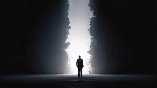 Lone figure standing in dark room with dramatic light breaking through wall  mysterious mood