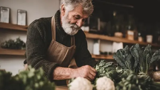 Farmer  market  vendor  arranging  organic Elderly farmer arranging fresh organic vegetables