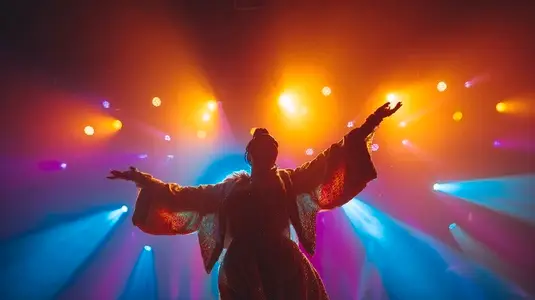Drag queen performing on stage with vibrant colorful lights dramatic pose joyful energy Drag queen performing on stage with vibrant colorful lights dramatic pose joyful energy