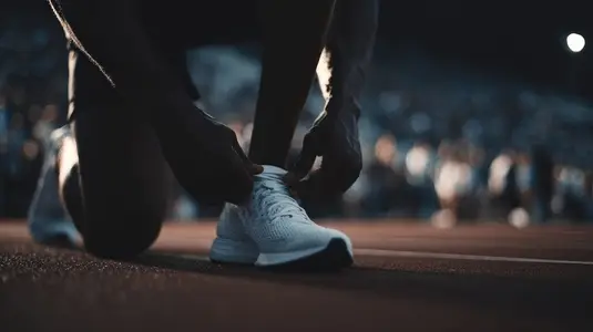 Runner  shoelace  closeup  athletic  track Runner tying shoelace athletic shoe before race