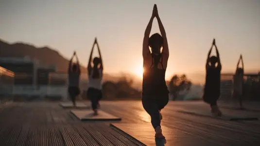 Group yoga class sunrise rooftop peaceful atmosphere mountain view fitness meditation Group yoga class sunrise rooftop peaceful atmosphere mountain view fitness meditation