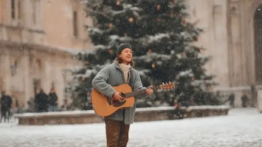 Street musician guitar winter snow holiday outdoor festive joyful performance