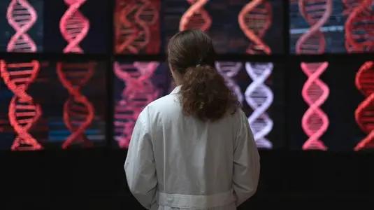 Scientist  DNA  analysis  laboratory  research  examining genetic data on large digital screens