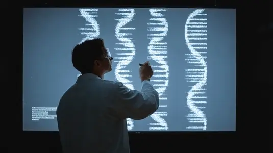Scientist  laboratory  DNA  analysis  research  examining genetic sequence on digital screen