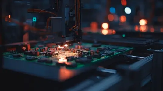 Robot arm assembling electronic circuit board factory automation technology Automated robot arm