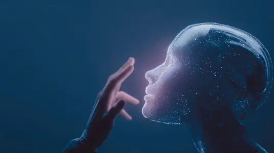 Futuristic AI agent  digital face  human hand  glowing  technology  connection  blue background