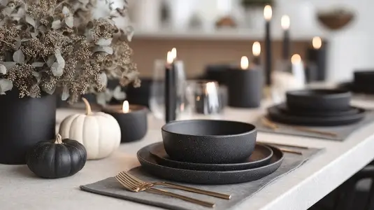 Minimalist black and gold Halloween dinner set with candles  pumpkins  and elegant tableware