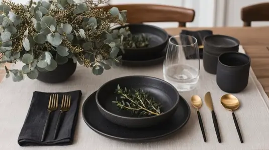 Minimalist black and gold dinner set with eucalyptus centerpiece on elegant table setting