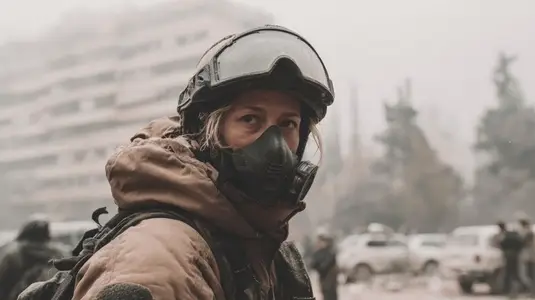 Woman journalist war zone protective gear mask helmet Reporting from war zone woman journalist