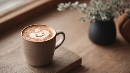 Latte art  pumpkin face  coffee cup  wooden table  cozy autumn morning  warm atmosphere