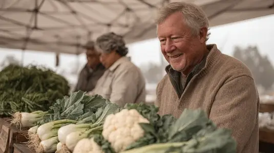 Smiling elderly man selling fresh cauliflower and bok choy at outdoor farmers market stall