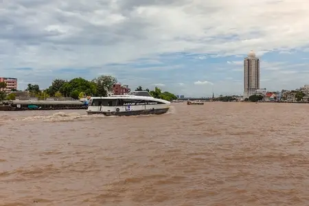 BANGKOK  THAILAND   AUGUST 19  2025  Electric passenger boats t