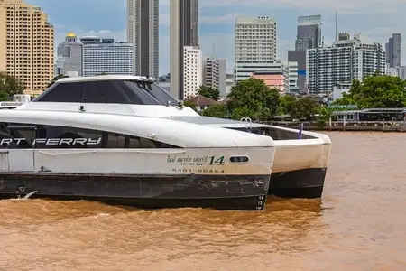 BANGKOK  THAILAND   AUGUST 19  2025  Electric passenger boats t