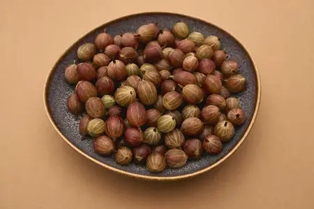 Still life of fresh ripe gooseberries in bowl against orange background